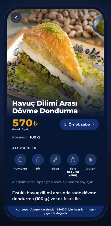 Menü konsepti, ürün sayfası: Havuç Dilimi Arası Dövme Dondurma, örnek fiyat, porsiyon ve alerjenler