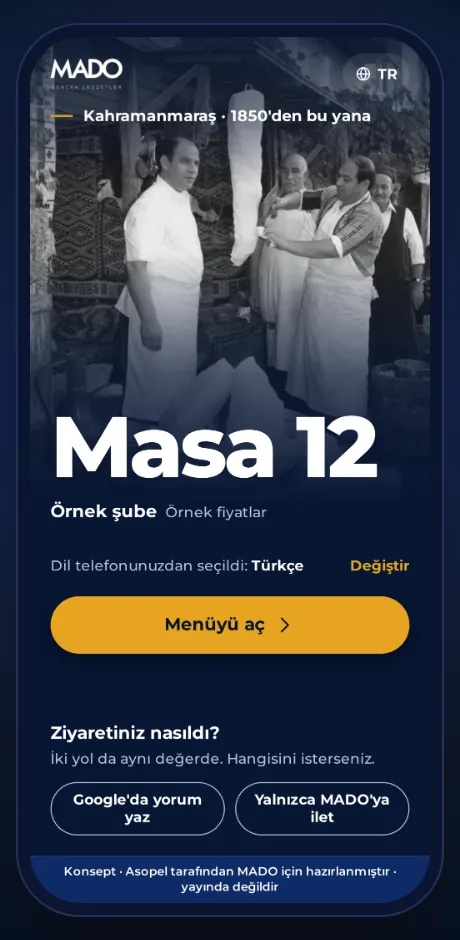 Menü konsepti, karta dokununca açılan ekran: Masa 12, şube ve dil, Menüyü aç düğmesi